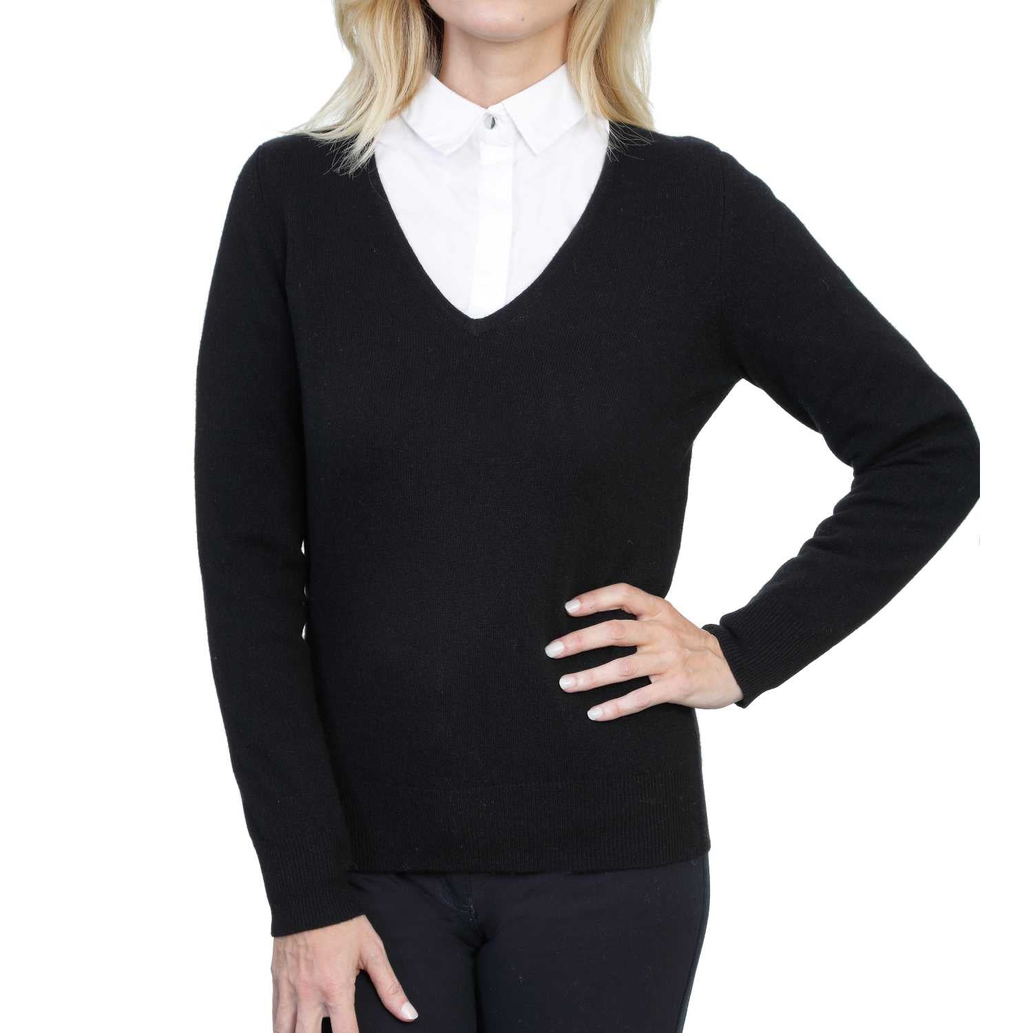 black cashmere v neck jumper | Front