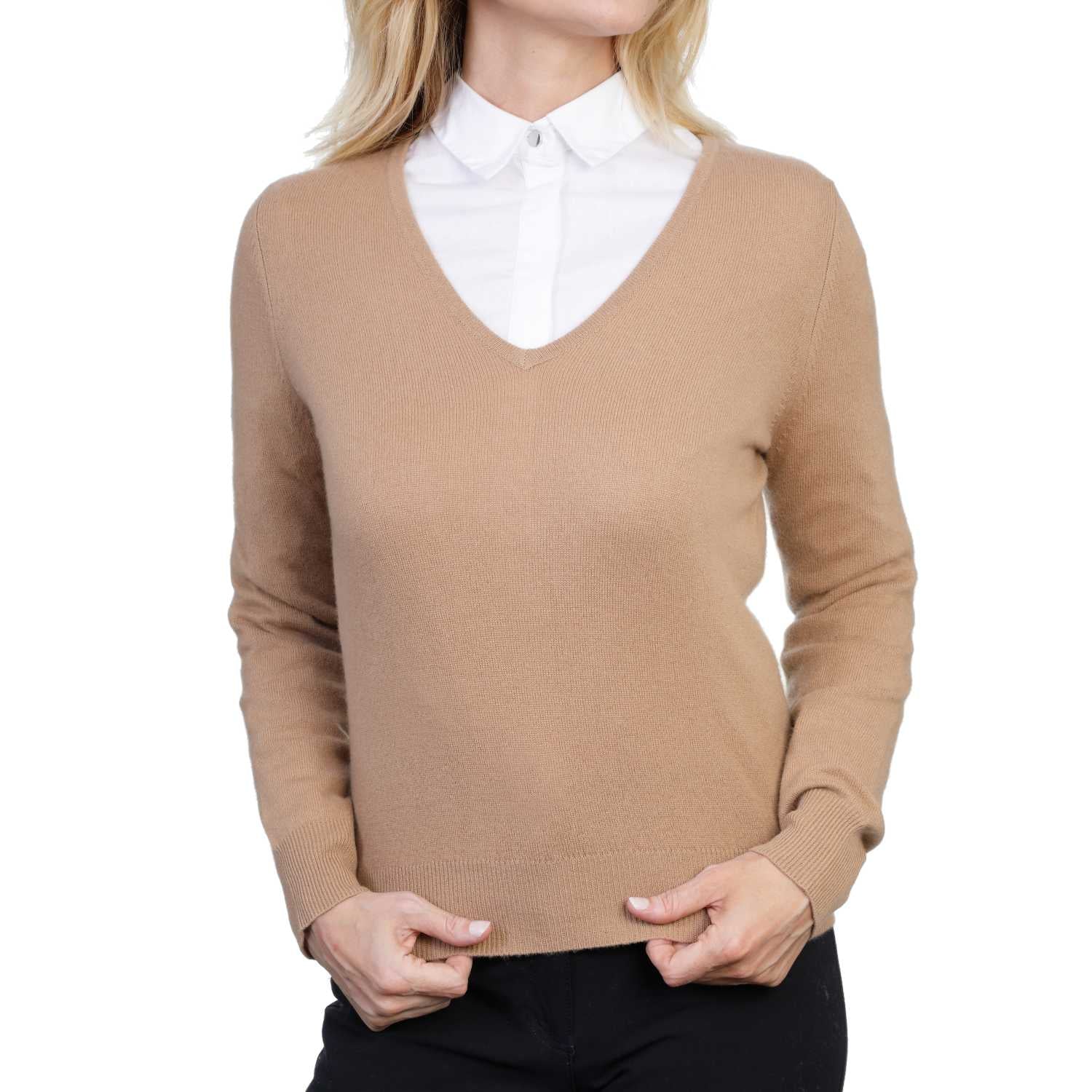 Ladies Cashmere V Neck Sweater | Camel | Front