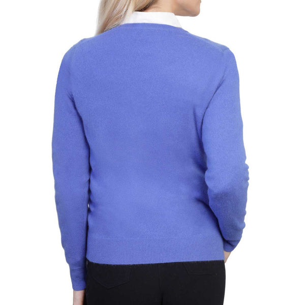 Ladies Cornflower Blue Cashmere V Neck Sweater | Back | Shop at The Cashmere Choice | London