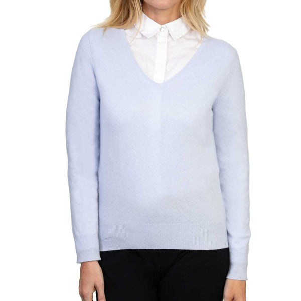 Ladies Pale Blue Cashmere V Neck Sweater | Front | Shop at The Cashmere Choice | London