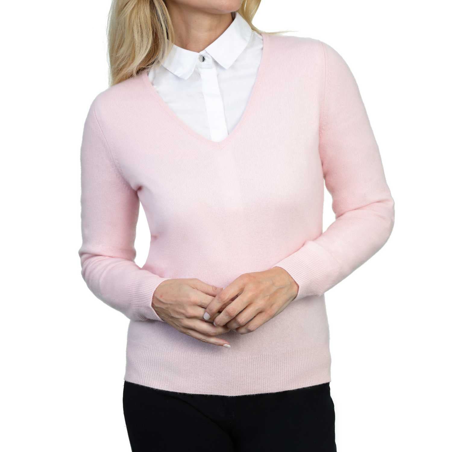 Ladies Cashmere V Neck Sweater | Pink