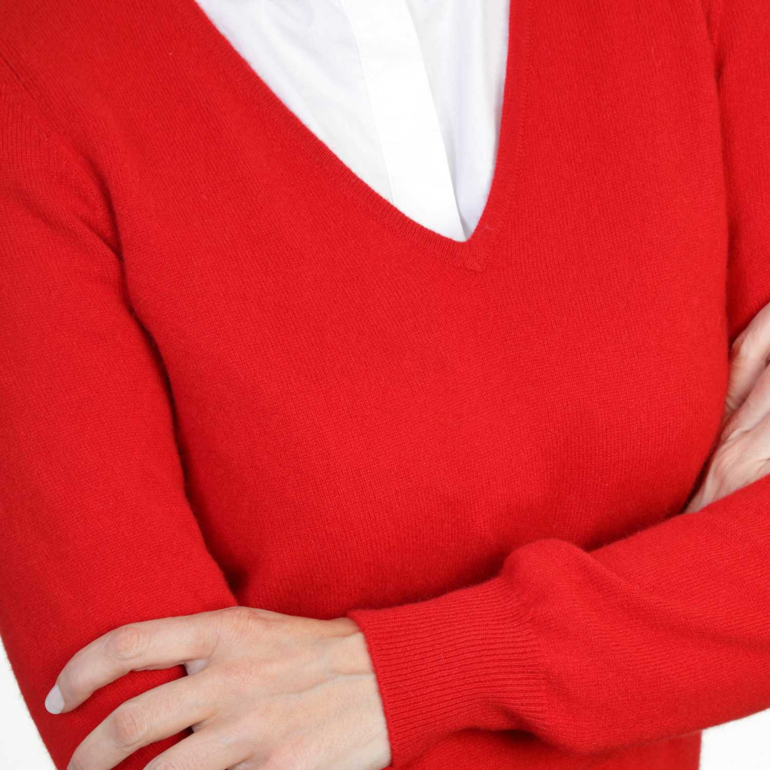 Ladies Red Cashmere V Neck Sweater | Close up | Shop at The Cashmere Choice | London