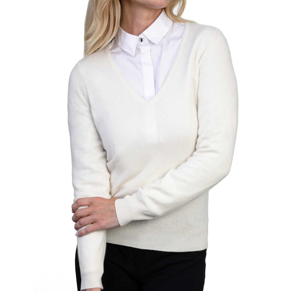 Ladies Cream White Cashmere V Neck Sweater | Front | Shop at The Cashmere Choice | London