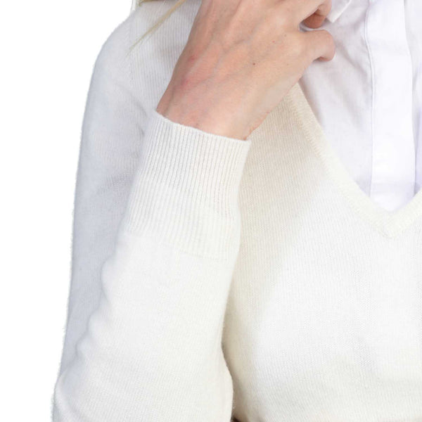 Ladies Cream White Cashmere V Neck Sweater | Close up | Shop at The Cashmere Choice | London