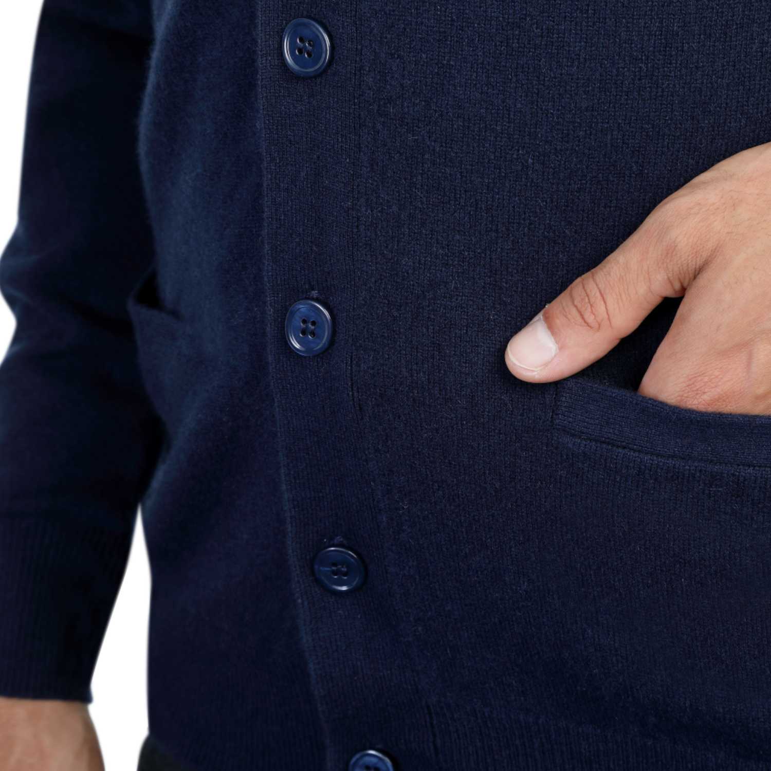 Mens Cashmere Cardigan | Navy Blue | Close Up