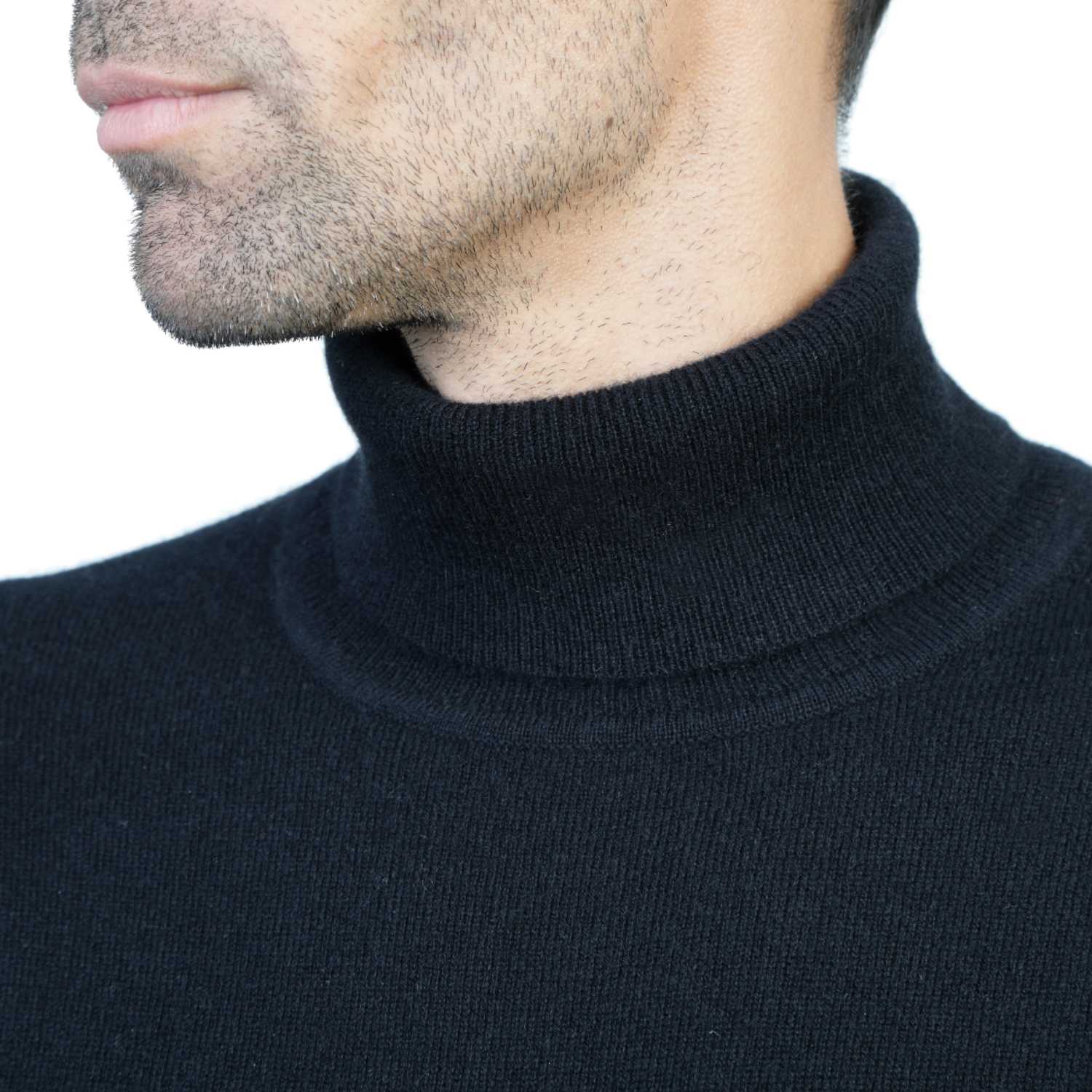 Mens Cashmere Roll Neck in Black - Close Up 