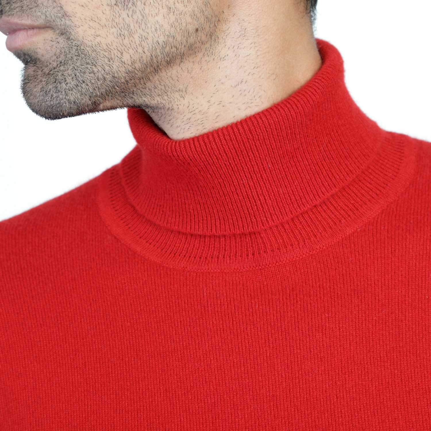 Mens Cashmere Roll Neck in Red - Close up 