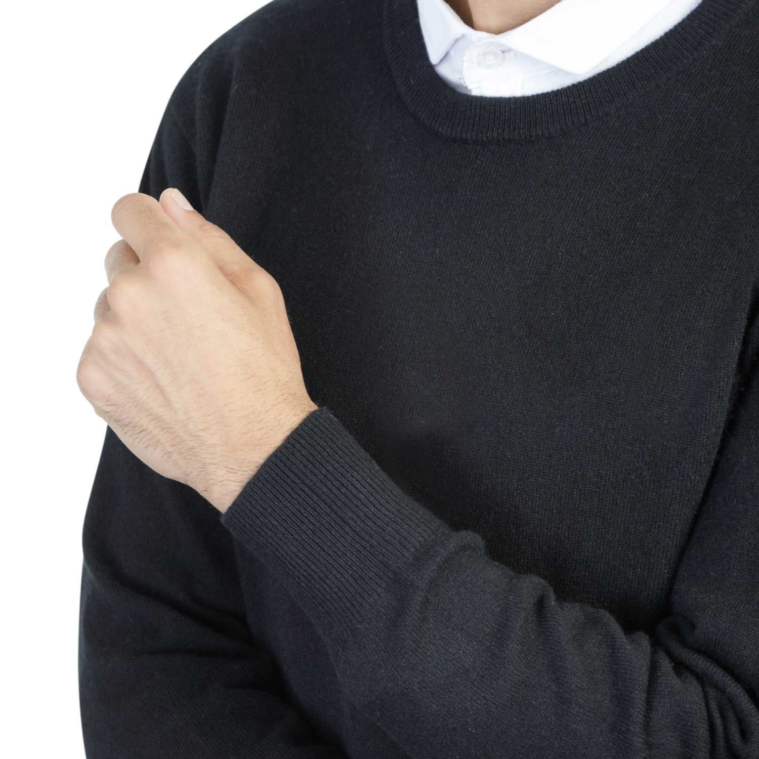 Mens Black Cashmere Round Neck Sweater | Close up | Shop at The Cashmere Choice | London