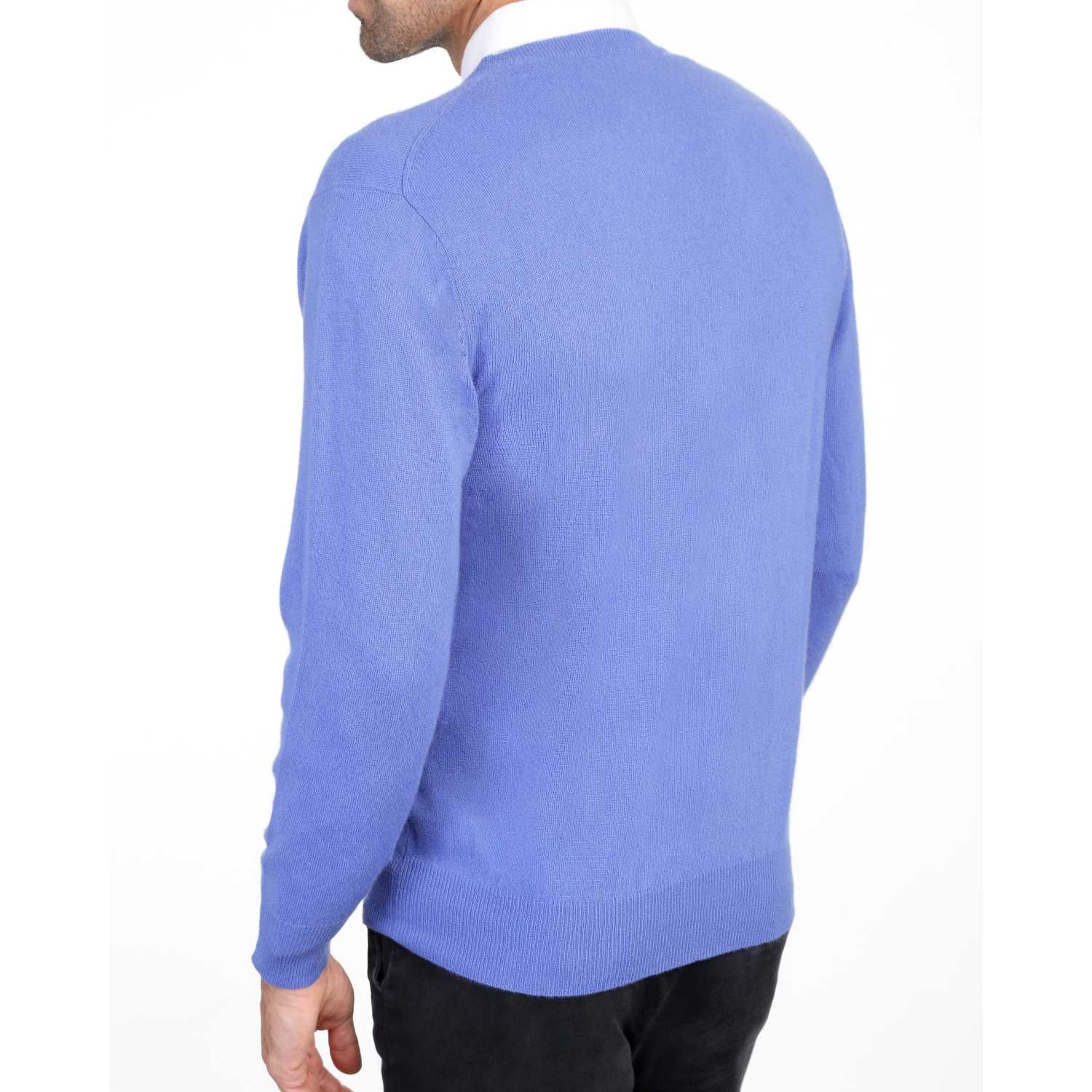 Mens Cornflower Blue Cashmere Round Neck Sweater | Back | Shop at The Cashmere Choice | London