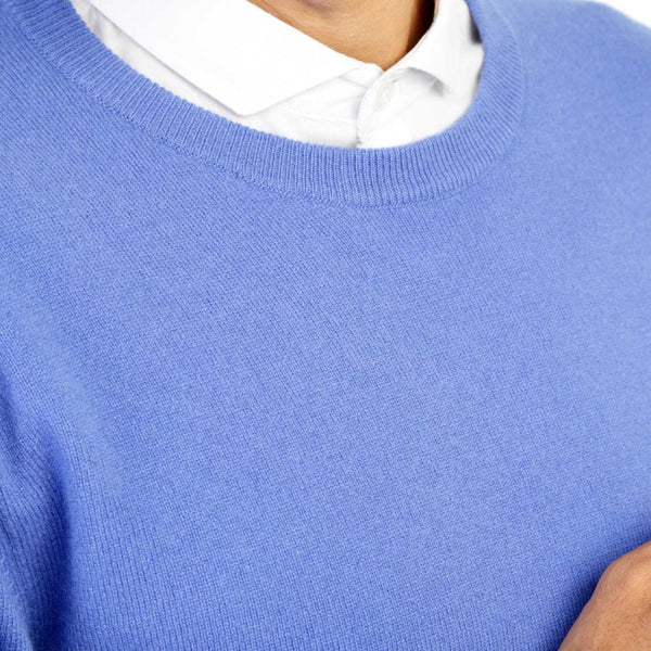 Mens Cornflower Blue Cashmere Round Neck Sweater | Close up | Shop at The Cashmere Choice | London