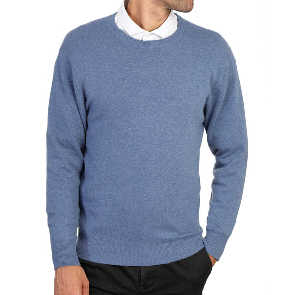 Mens Denim Blue Cashmere Round Neck Sweater | Front | Shop at The Cashmere Choice | London