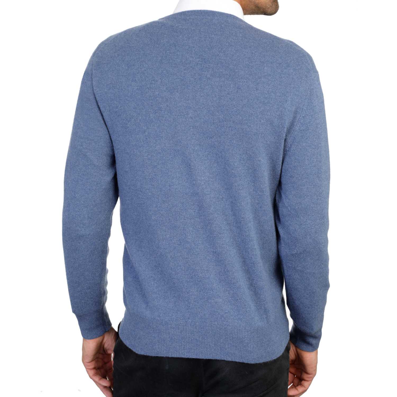 Mens Denim Blue Cashmere Round Neck Sweater | Back | Shop at The Cashmere Choice | London