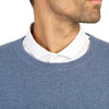 Mens Denim Blue Cashmere Round Neck Sweater | Close up | Shop at The Cashmere Choice | London