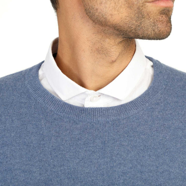 Mens Denim Blue Cashmere Round Neck Sweater | Close up | Shop at The Cashmere Choice | London