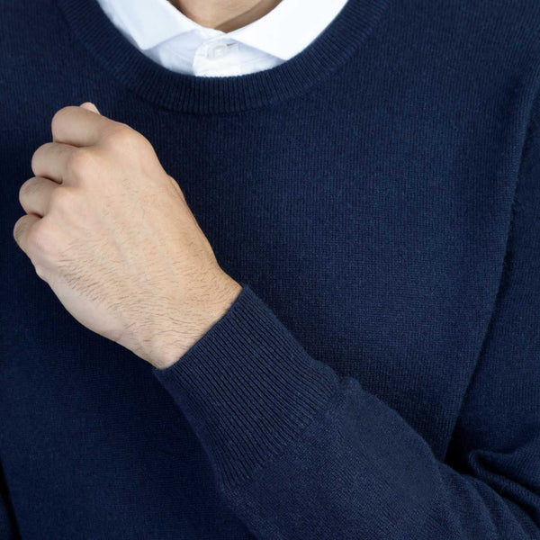 Mens Navy Blue Cashmere Round Neck Sweater | Close up | Shop at The Cashmere Choice | London