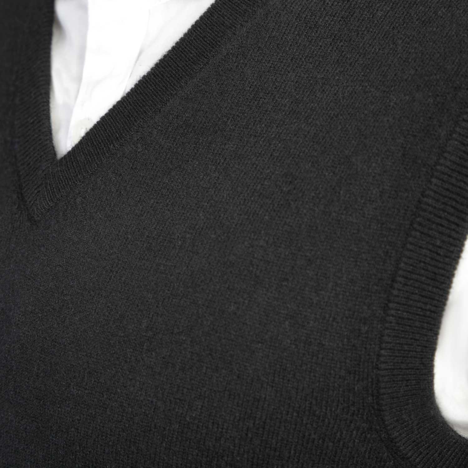 Mens Black Cashmere Sleeveless Vest Sweater | Close up | Shop at The Cashmere Choice | London