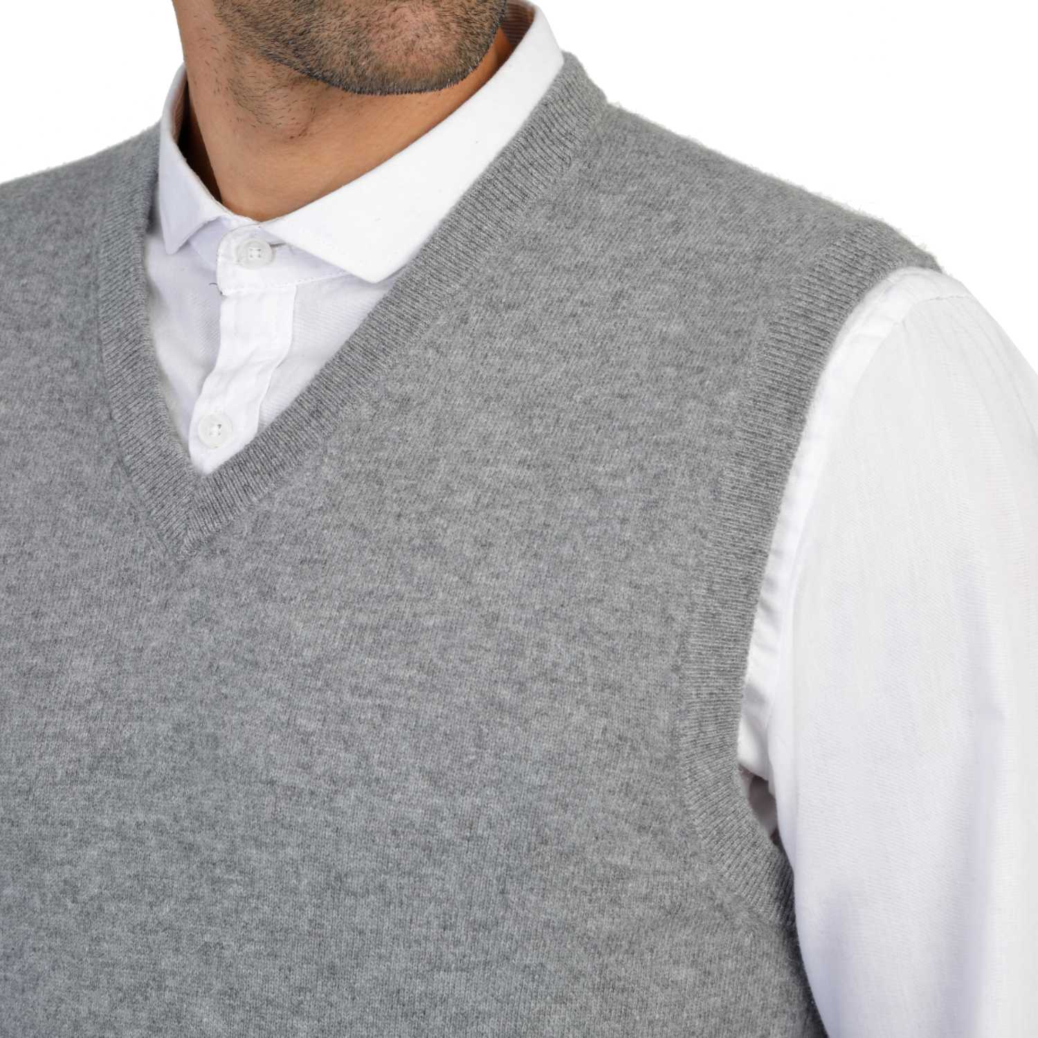 Mens Grey Cashmere Sleeveless Vest Sweater | Close up | Shop at The Cashmere Choice | London
