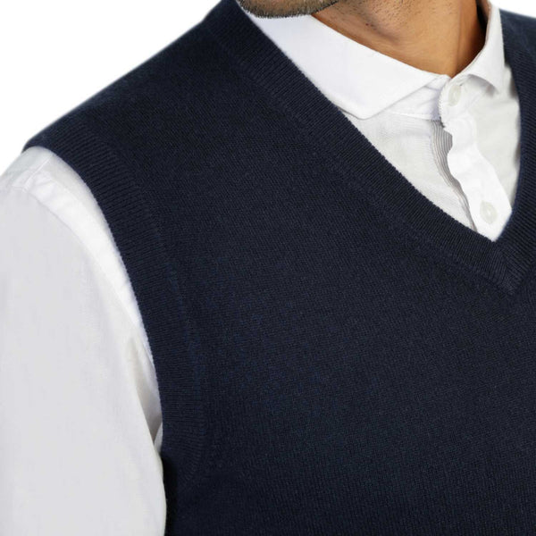 Mens Navy Blue Cashmere Sleeveless Vest Sweater | Close up | Shop at The Cashmere Choice | London