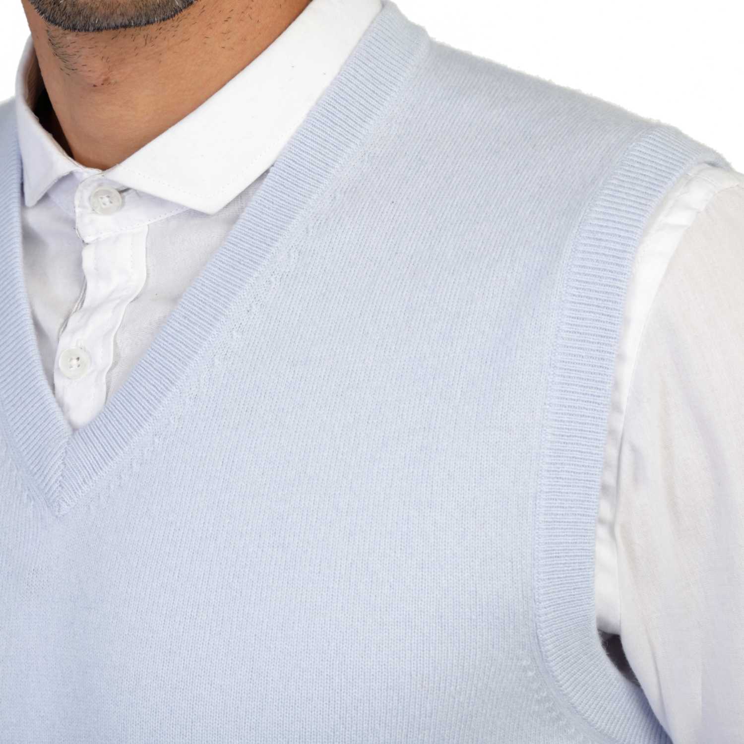 Mens Pale Blue Cashmere Sleeveless Vest Sweater | Close up | Shop at The Cashmere Choice | London