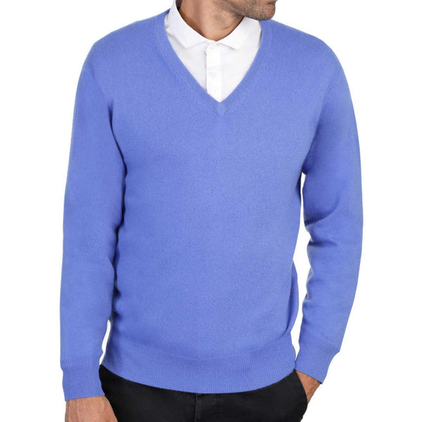 Mens cashmere v neck jumpers - corn flower blue