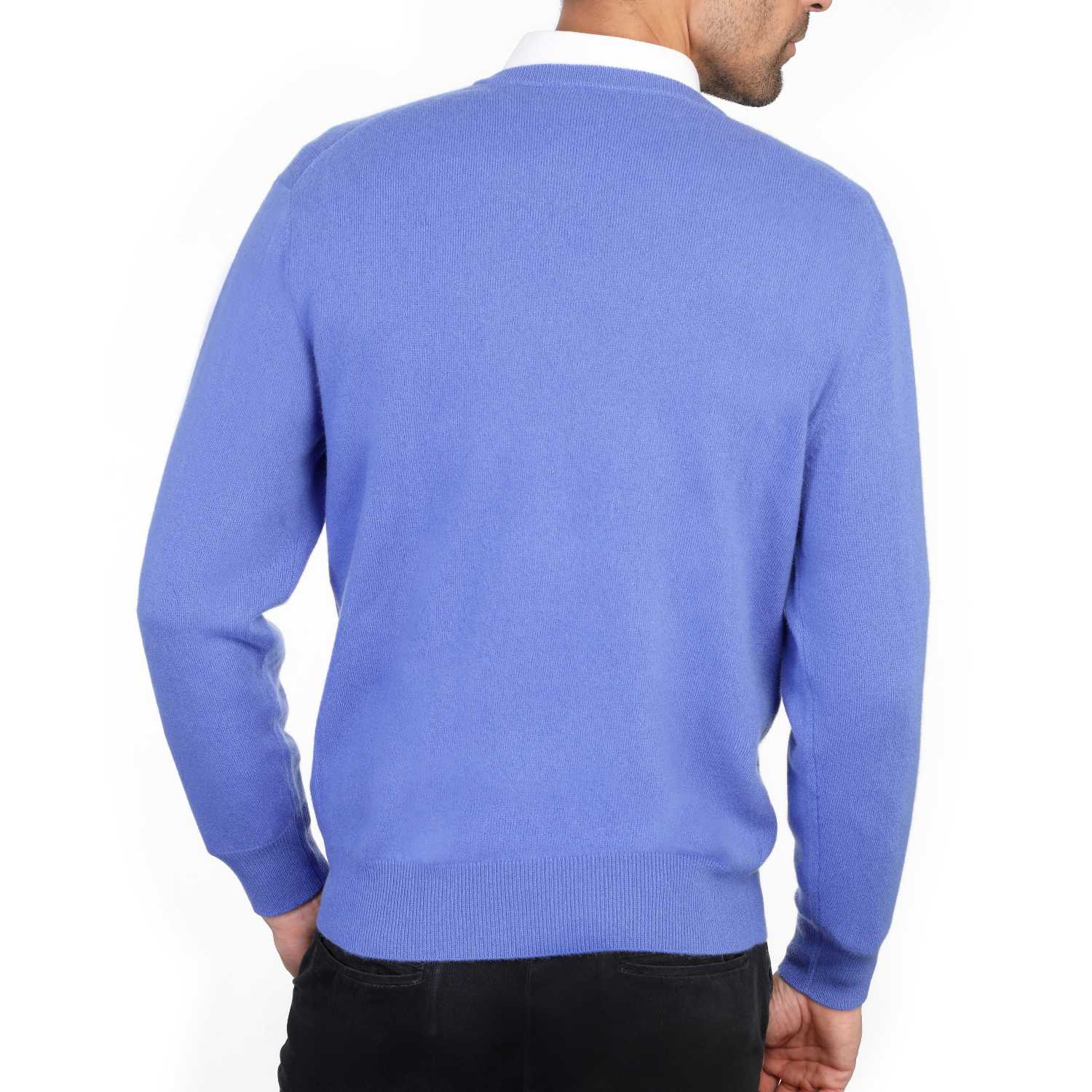 Mens cashmere v neck jumpers - cornflower blue back view
