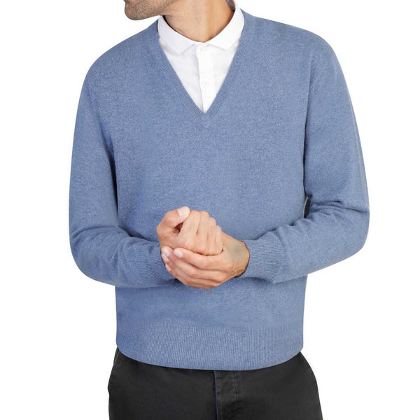 Mens cashmere v neck jumpers - denim blue 