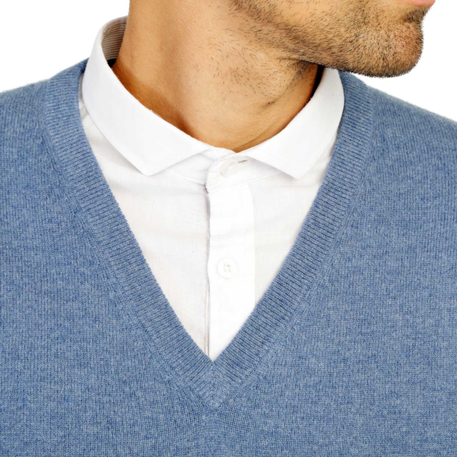 Mens cashmere v neck jumpers - denim blue - front close up