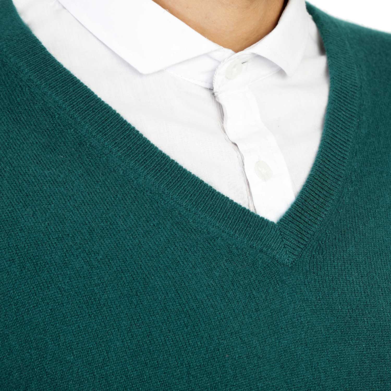 Mens Green Cashmere V Neck Sweater | Close up | Shop at The Cashmere Choice | London