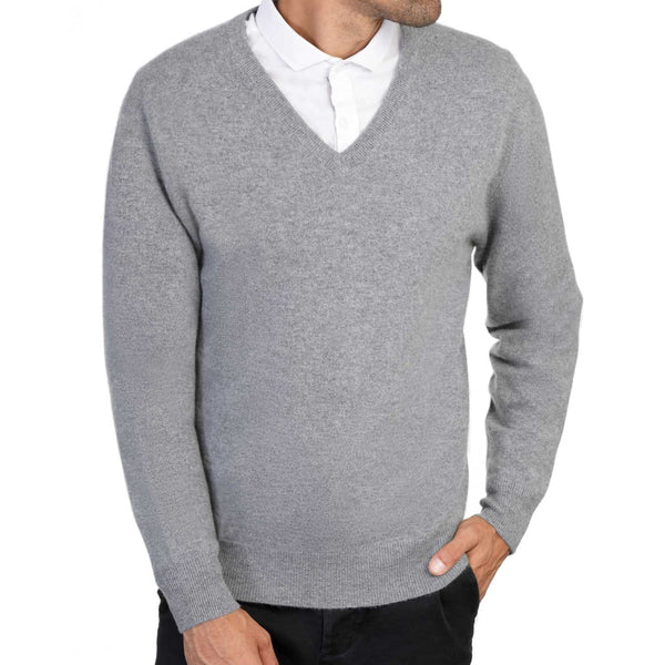 Mens Grey Cashmere V Neck Sweater | Front | Shop at The Cashmere Choice | London