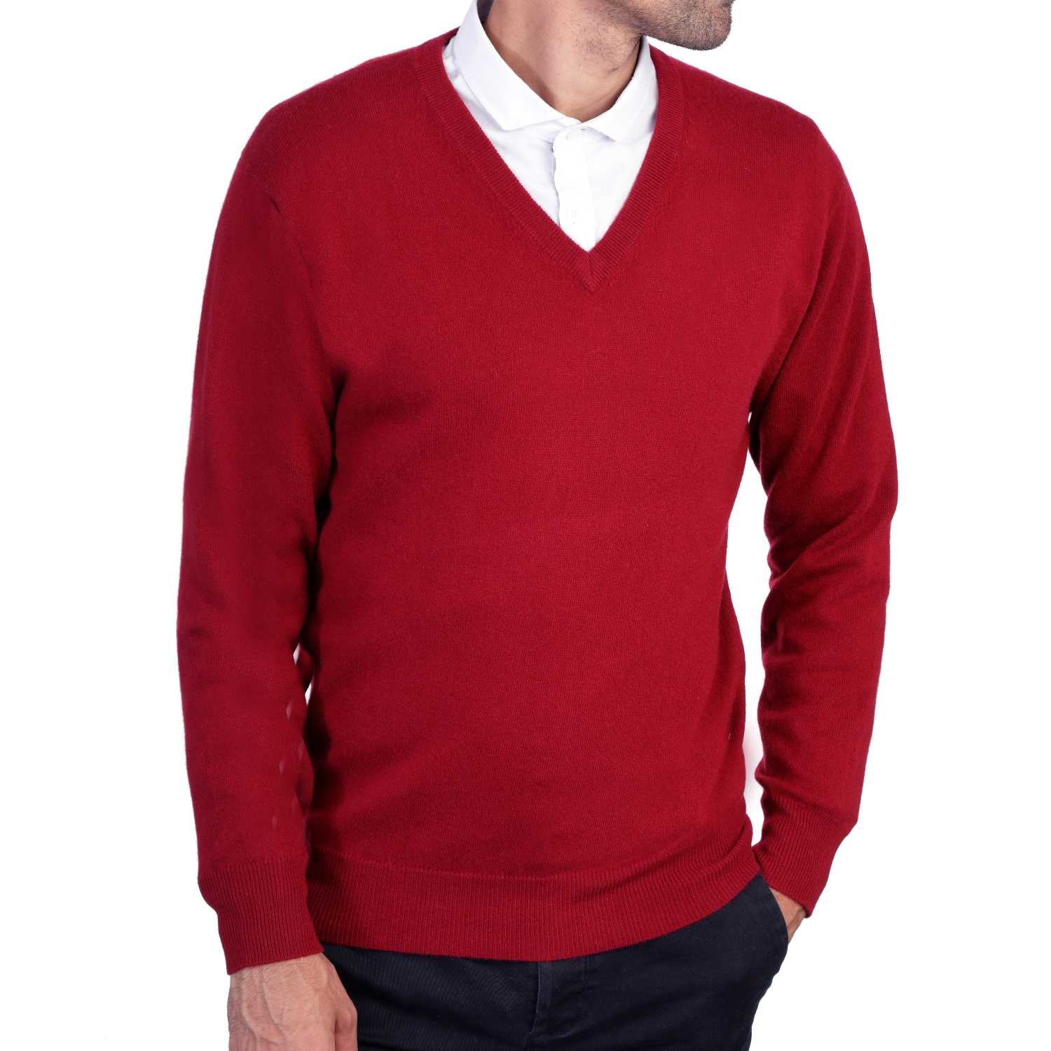 Mens Burgundy Wine Cashmere V Neck Sweater | Front | Shop at The Cashmere Choice | London
