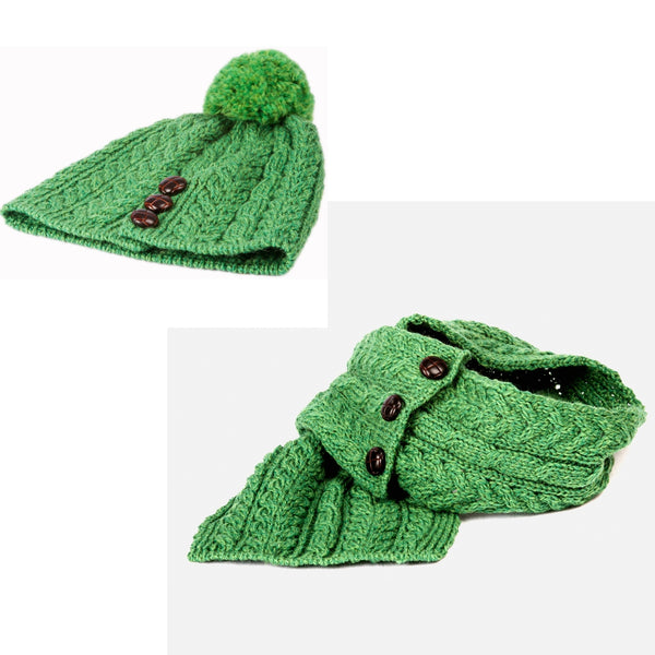 Knit Hat Green Hat Scarf And Glove Set Aran Mills Merino Wool Hat