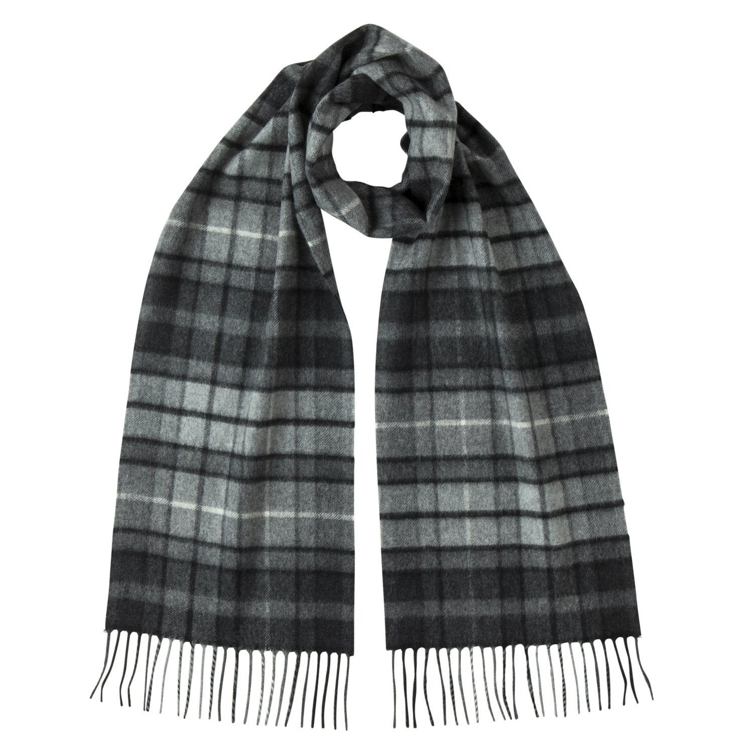 Johnsons of Elgin | Grey Buchanan Tartan Check Cashmere Scarf | buy at The Cashmere Choice | London