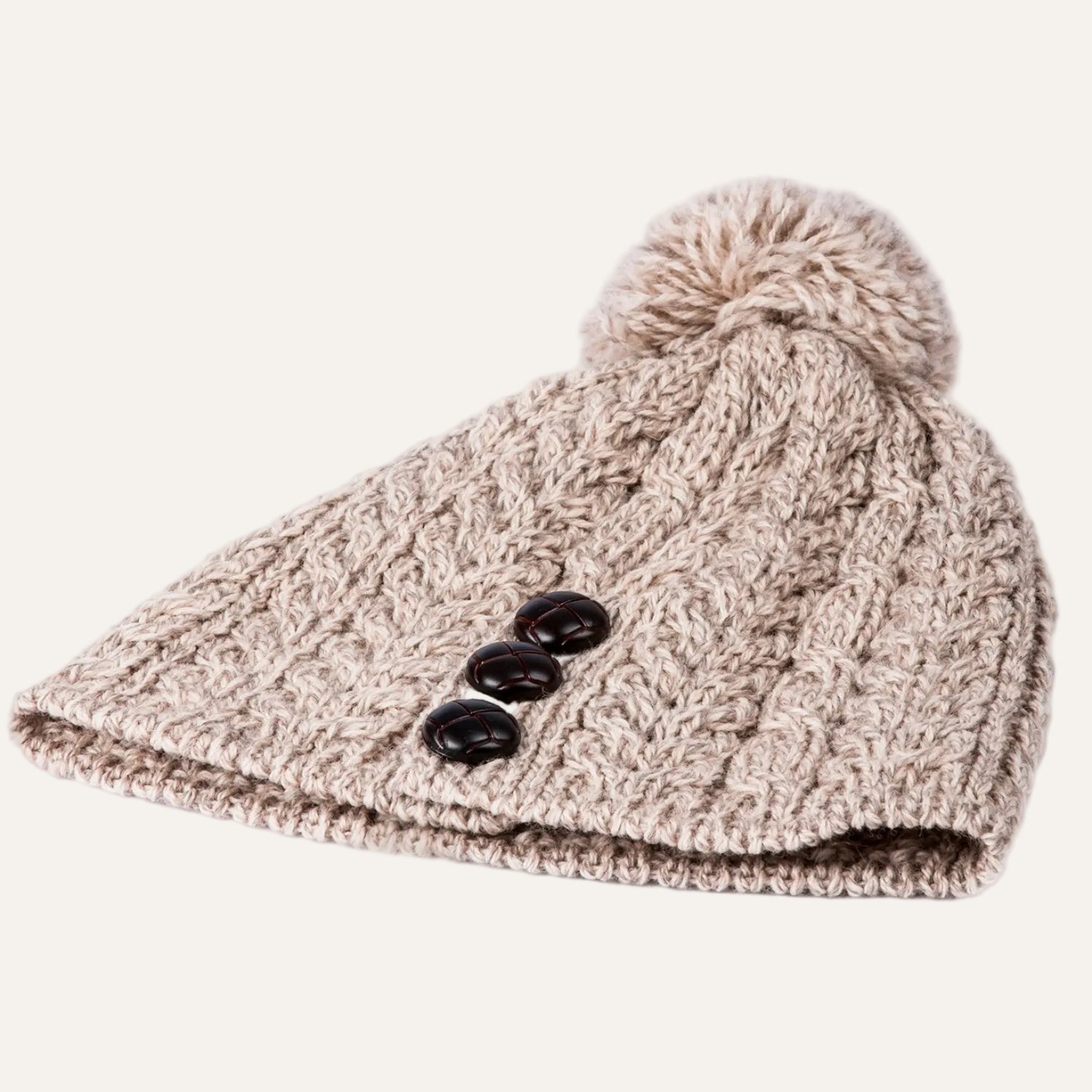Aran Beanie Hat with Pom Pom | Beige