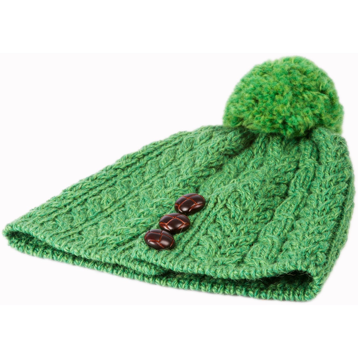 Aran Beanie Hat with Pom Pom | Green